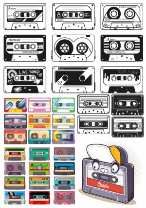 Set of Retro Audio Cassette Tape Vectors with Various Styles and Colors Free Vector