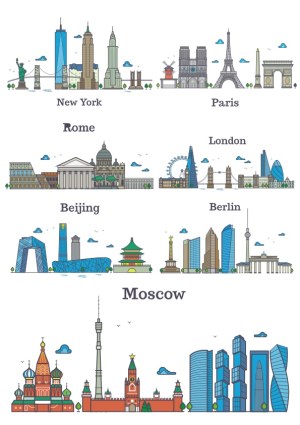 City Skylines of New York, Paris, Rome, London, Beijing, Berlin, and Moscow Free Vector
