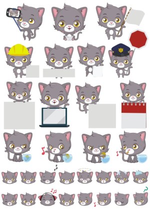 Cute Gray Kitten Mascot Vector Set with Various Poses and Expressions Free Vector