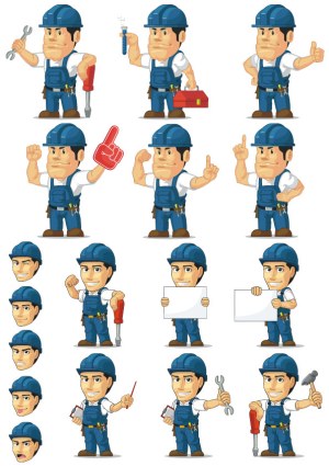 Construction Worker Character Vector Set with Various Poses and Expressions Free Vector