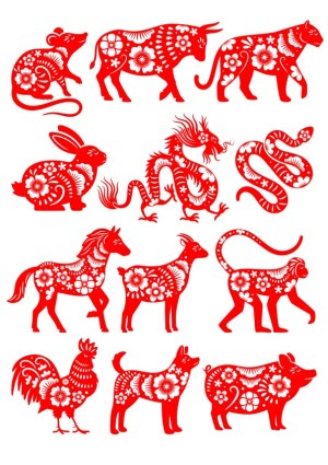 Red Chinese Zodiac Animals with Floral Patterns Free Vector