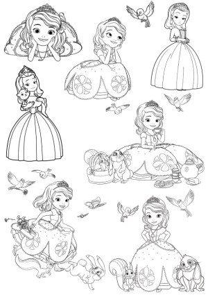 Black and White Princess and Animal Friends Coloring Vector Set Free Vector