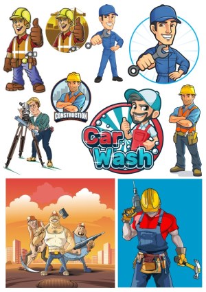 Collection of Construction Workers, Car Wash Man, and Laborers Vector Illustrations Free Vector