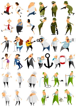 Cartoon Characters in Various Occupations and Poses Free Vector