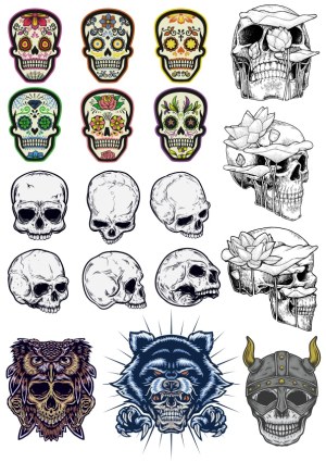 Collection of Colorful Sugar Skulls, Detailed Anatomical Skulls, and Animal-Inspired Skull Illustrations Free Vector