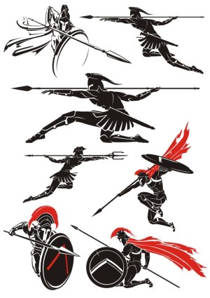 Spartan Warrior Silhouettes with Spears and Shields Free Vector