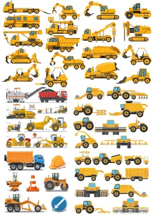 Collection of Yellow Construction and Agricultural Vehicles Vector Set Free Vector