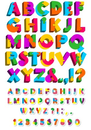 Colorful Puzzle Piece Alphabet and Numbers Vector Set Free Vector