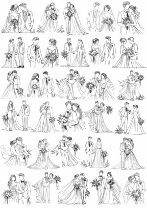 Hand-Drawn Wedding Couples Line Art Set Free Vector
