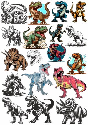 Collection of Colorful and Black-and-White Dinosaur Vector Illustrations Free Vector