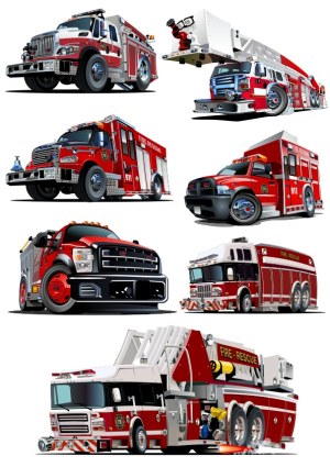 Vector Set of Various Detailed Red Fire Rescue Trucks Free Vector