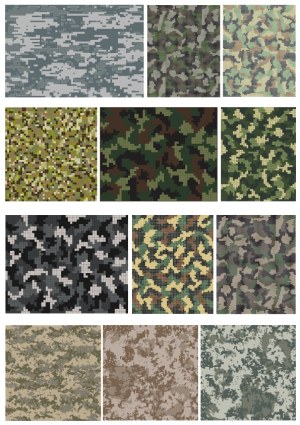 Collection of 12 Digital Camouflage Patterns in Various Styles and Colors Free Vector