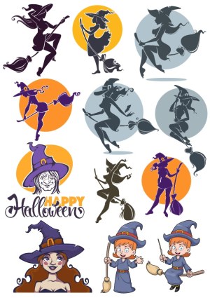 Halloween Witch Silhouettes and Cartoon Characters Vector Set Free Vector