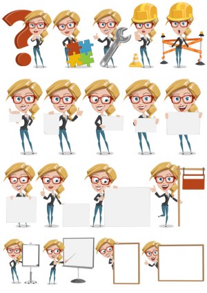 Blonde Businesswoman with Red Glasses in Various Presentation and Construction Poses Free Vector