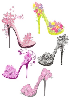 Decorative High Heel Shoes with Floral and Butterfly Designs Free Vector