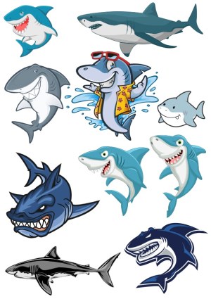 Collection of Cartoon and Realistic Shark Vector Illustrations Free Vector