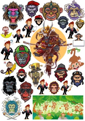 Monkey and Gorilla Cartoon Characters with Samurai and Jungle Scenes Free Vector
