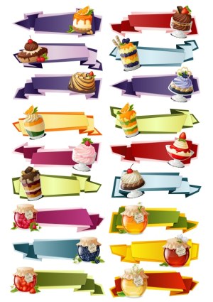 Colorful Ribbon Banners with Desserts, Jars of Jam and Honey Vector Set Free Vector