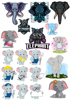 Collection of Elephant Themed Vector Illustrations and Cartoon Characters Free Vector