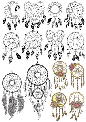 Set of Decorative Dreamcatcher Vector Illustrations with Feathers and Floral Accents Free Vector