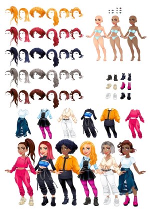 Customizable Female Character Creator Set with Hairstyles, Outfits, and Accessories Free Vector