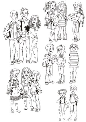 Line Art Vector Illustrations of School Children with Books and Backpacks Free Vector