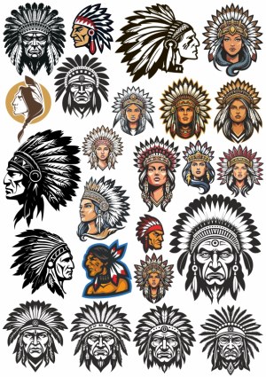 Collection of Native American Chief and Warrior Vector Illustrations Free Vector