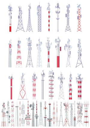 Set of Various Communication and Radio Towers Vector Illustrations Free Vector