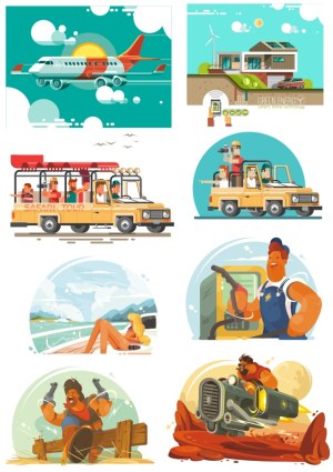 Collection of Travel, Adventure, and Energy-Themed Vector Illustrations Free Vector