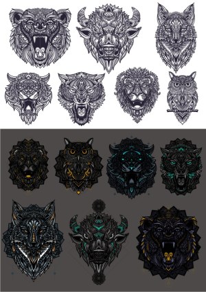 Intricate Animal Head Vector Set with Tribal and Geometric Patterns Free Vector