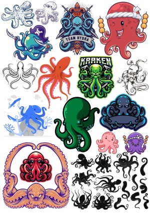 Collection of Octopus and Kraken Vector Illustrations Free Vector