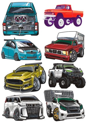 Set of Custom and Modified Pickup Trucks and Cars Vector Illustrations Free Vector