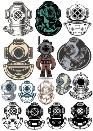 Collection of Vintage Deep Sea Diving Helmets Vector Icons Free Vector