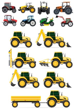 Set of Various Agricultural and Construction Tractors with Attachments Free Vector