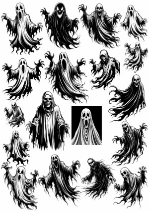 Collection of Black and White Ghost Vector Illustrations Free Vector