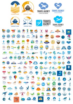 Travel and Vacation Logo Collection with Airplanes, Boats, Beaches, and Summer Themes Free Vector
