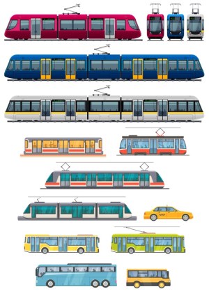 Vector Set of Modern Trams, Trains, Taxi, and Buses Free Vector