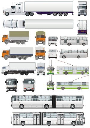 Vector Set of Different Trucks, Buses, and Trolleybuses in Multiple Views Free Vector