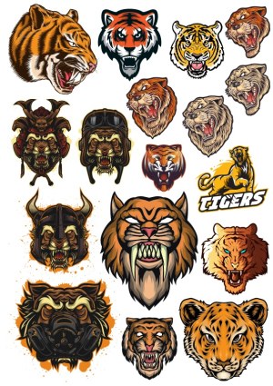Collection of Fierce and Stylized Tiger and Animal Heads Vector Illustrations Free Vector