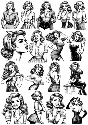 Set of Glamorous Retro Pin-Up Girl Black and White Illustrations Free Vector