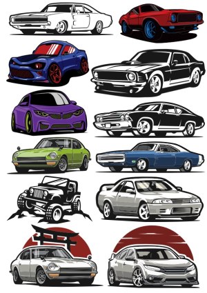 Collection of Classic and Modern Car Vector Illustrations Free Vector