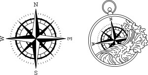 Black and White Compass Rose with Nautical Wave and Pocket Watch Free Vector