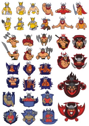 Set of Viking Warrior Vector Characters and Emblems Free Vector