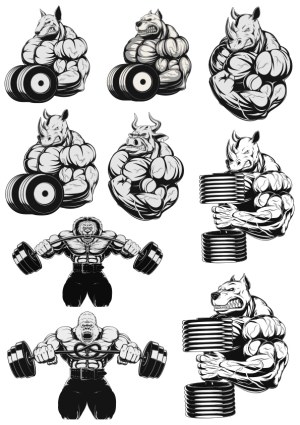 Muscular Animal Cartoon Characters Lifting Heavy Weights Vector Set Free Vector