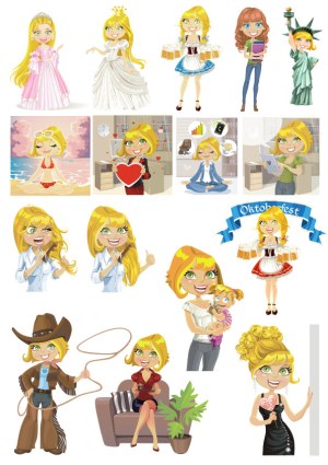 Collection of Blonde Cartoon Woman Characters in Various Costumes and Poses Free Vector