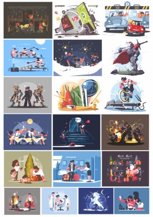 Variety of Vector Illustrations Depicting Scenes from Everyday Life, Sports, Fantasy, and Technology Free Vector