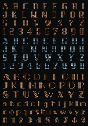 Art Deco Style Alphabet and Numerals in Orange and Blue Free Vector