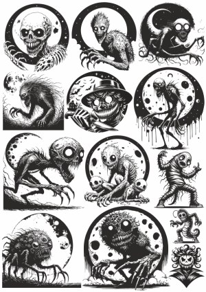 Collection of Black and White Horror Monsters and Creepy Creatures Free Vector