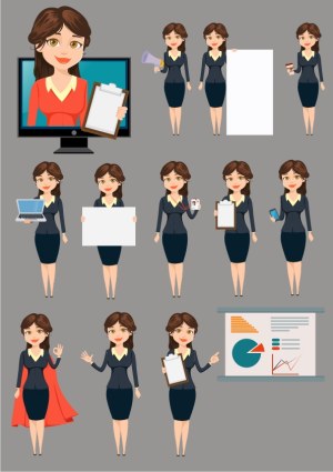 Businesswoman Character Vector Set with Various Poses and Business Items Free Vector