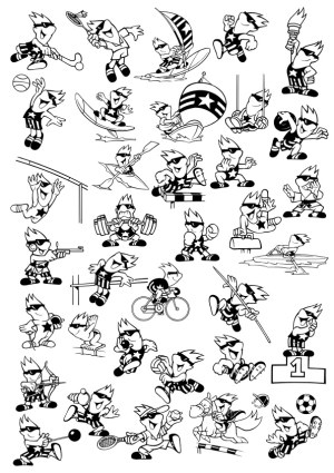 Black and White Cartoon Characters Playing Various Sports Free Vector